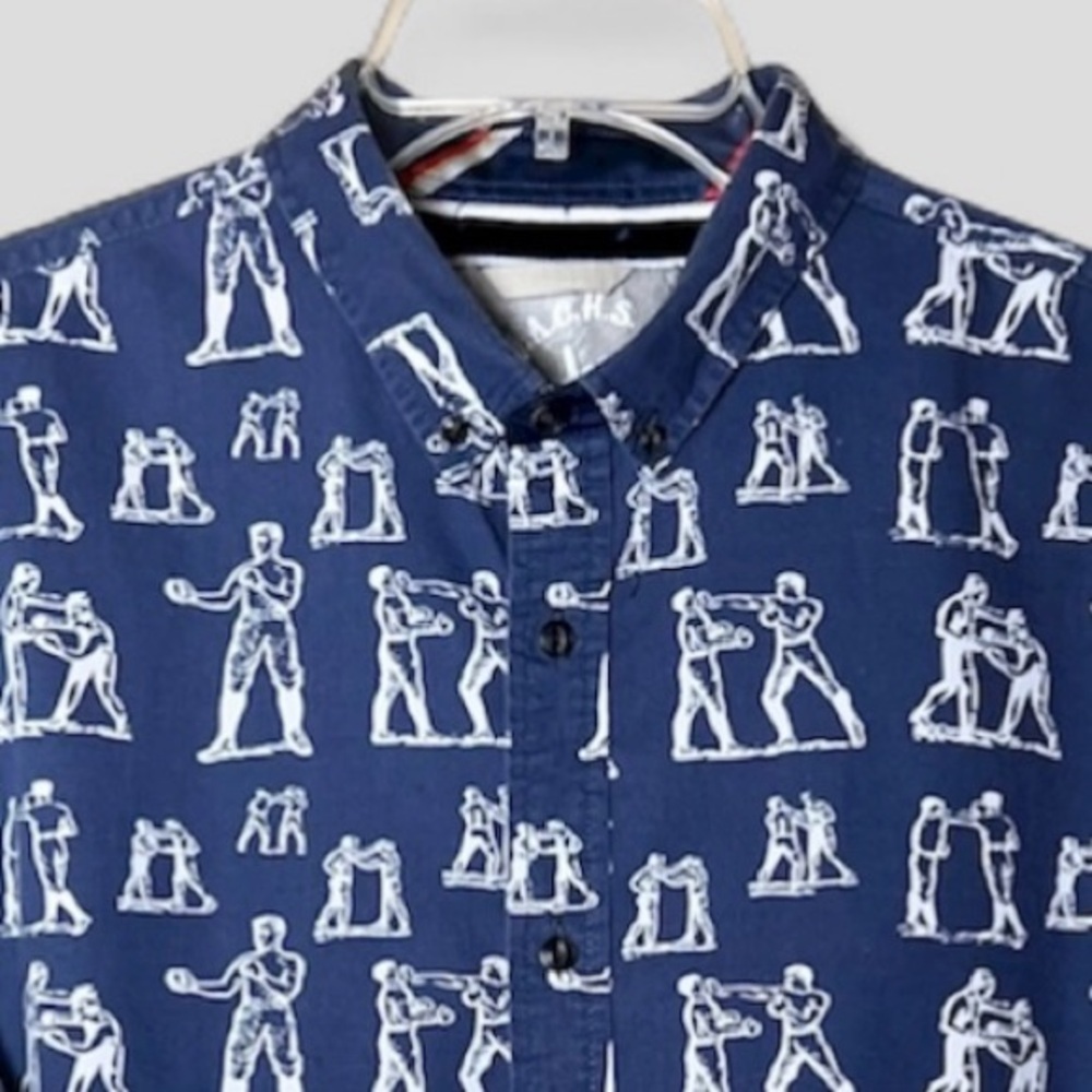 JACHS New York Boxing Pattern Blue Cotton Button Up Men’s Size Medium